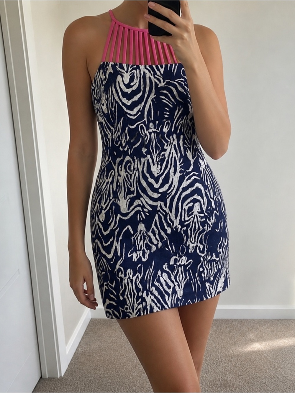 Lilly Pulitzer Dress 2 Blue Pink Zebra Print Halter Cotton Lined Strappy Summer